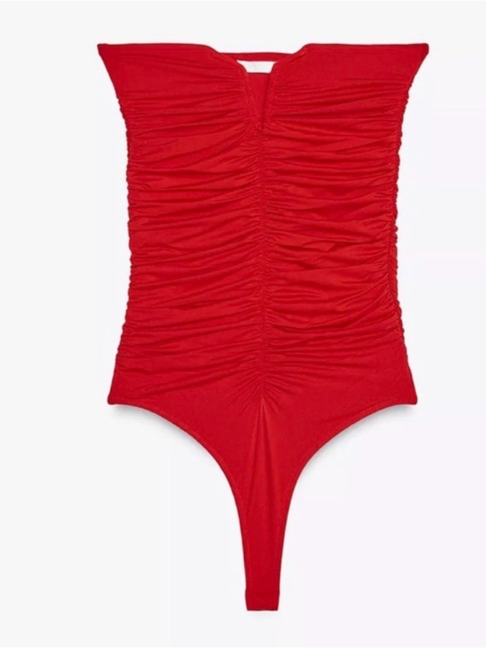 Zara Red Ruched Strapless Thong Bodysuit